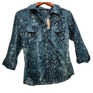 Zac & Rachel Petite Blue Snakeskin Print Button-Up Blouse PM 100% Cotton, NWT